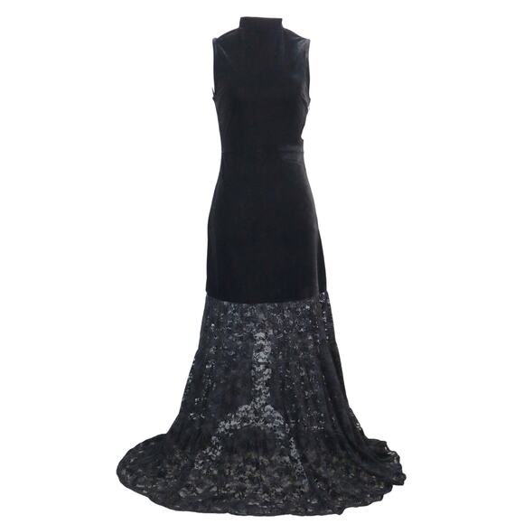Black Velvet & Lace Mermaid Dress Drop Waist Burnout Mock Neck Whimsigoth XS - Picture 1 of 8